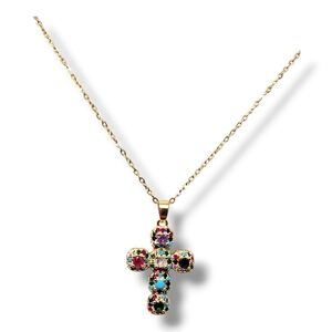 Multi-coloured Zirconia Gold Stainless Steel Cross with a chain